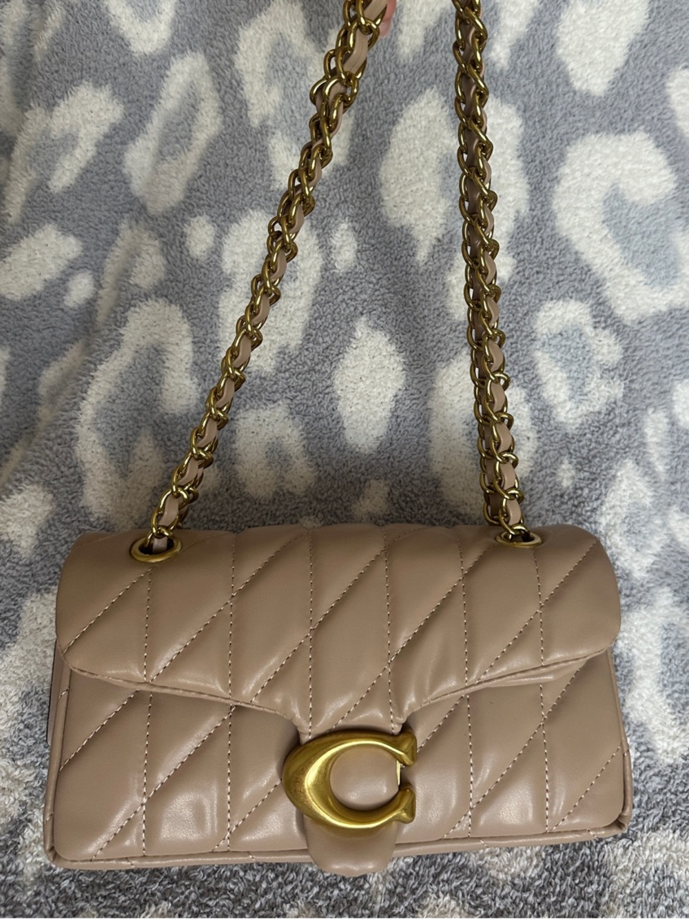 Quilted Beige Chain Shoulder Bag with Gold Hardware